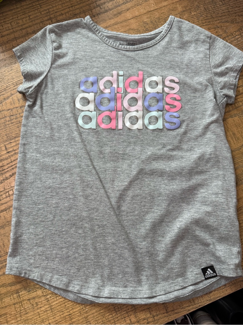 adidas Gray Tee with Pastel Multi-Color Logo